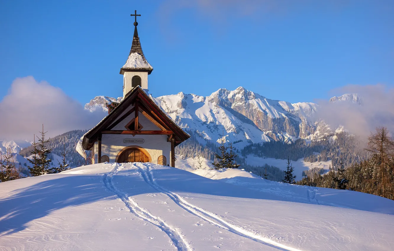 Photo wallpaper winter, snow, mountains, traces, Austria, chapel