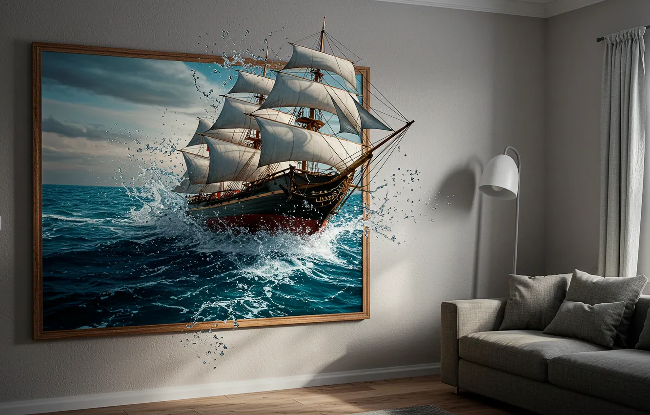 Photo wallpaper squirt, ship, art, wallpaper, apartment, art, splashes, ship