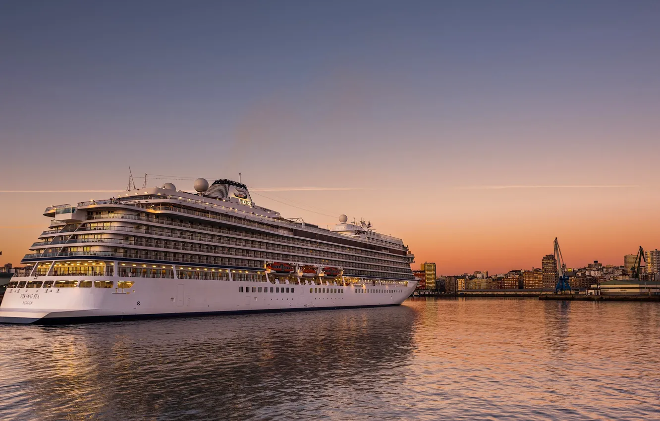 Photo wallpaper sunset, liner, Spain, harbour, Spain, cruise, Galicia, La Coruna