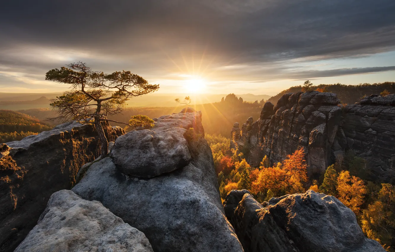 Photo wallpaper autumn, the sun, rays, trees, landscape, sunset, mountains, nature