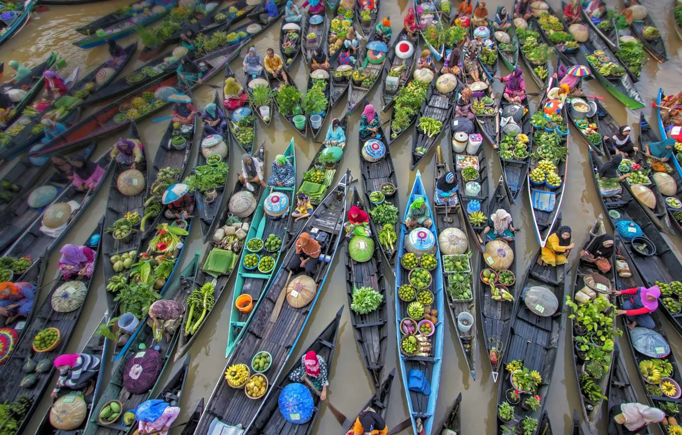 Photo wallpaper boats, Indonesia, trade, floating market, Lock-Bunyan, the martapura river