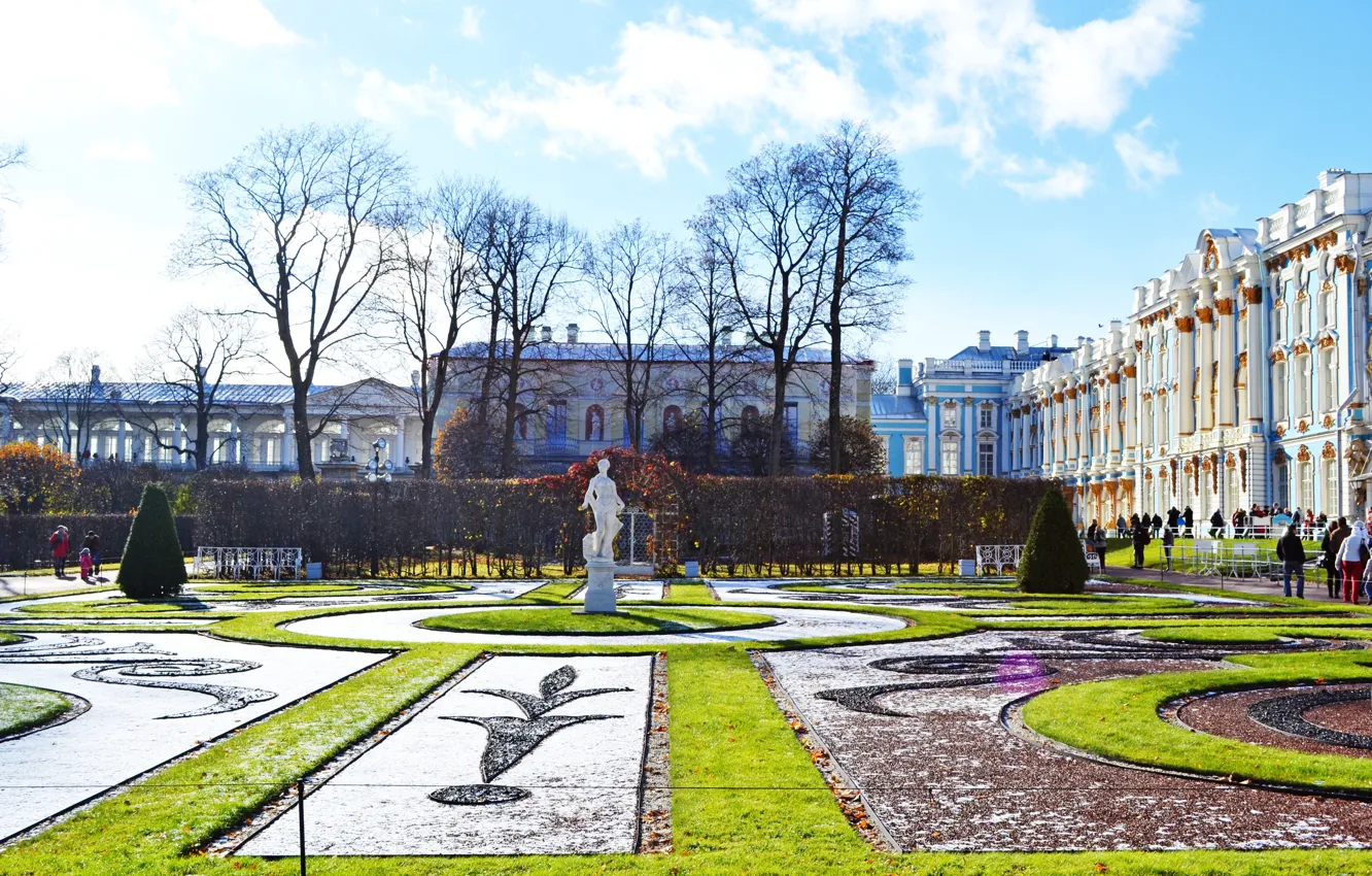 Photo wallpaper autumn, the sun, snow, beauty, Tsarskoye Selo, Pushkino, Catherine Palace