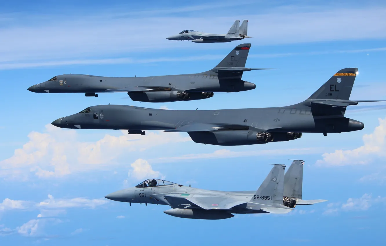 Photo wallpaper the sky, flight, F-15s, Rockwell B-1B Lancers