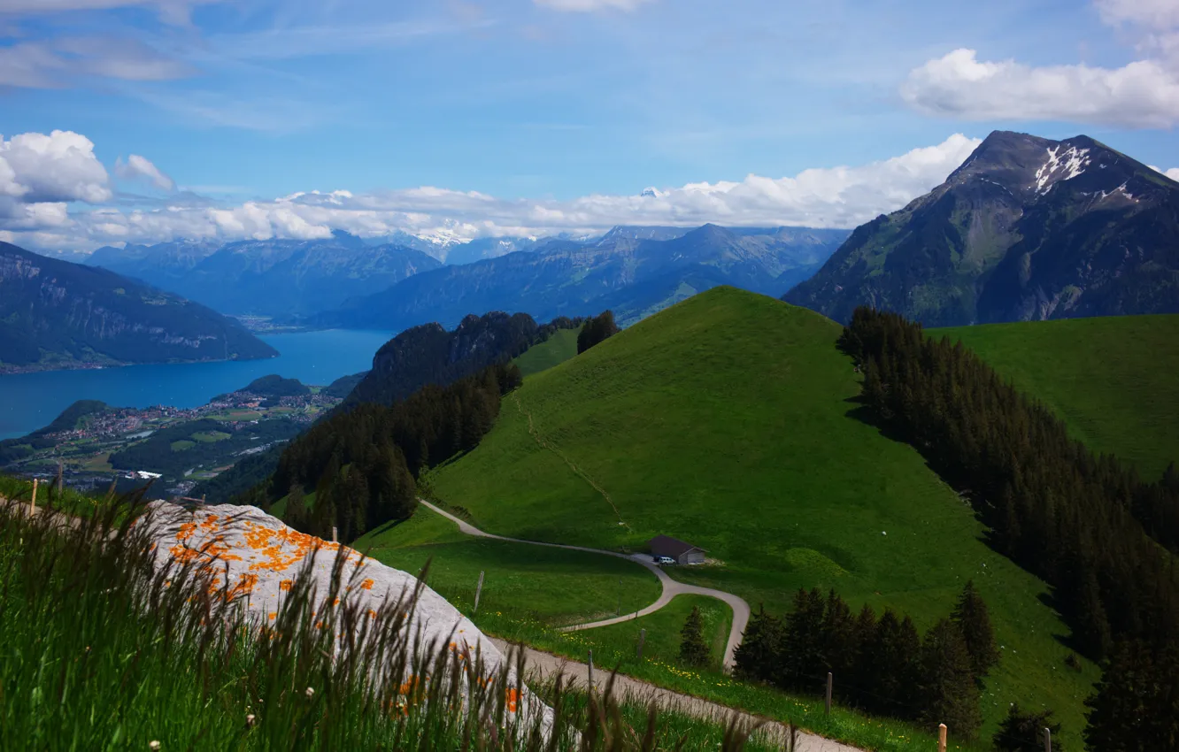Photo wallpaper road, forest, clouds, landscape, mountains, nature, lake, Switzerland