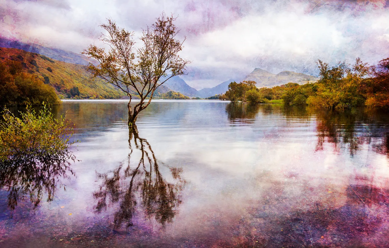 Photo wallpaper autumn, water, clouds, trees, landscape, mountains, lake, reflection