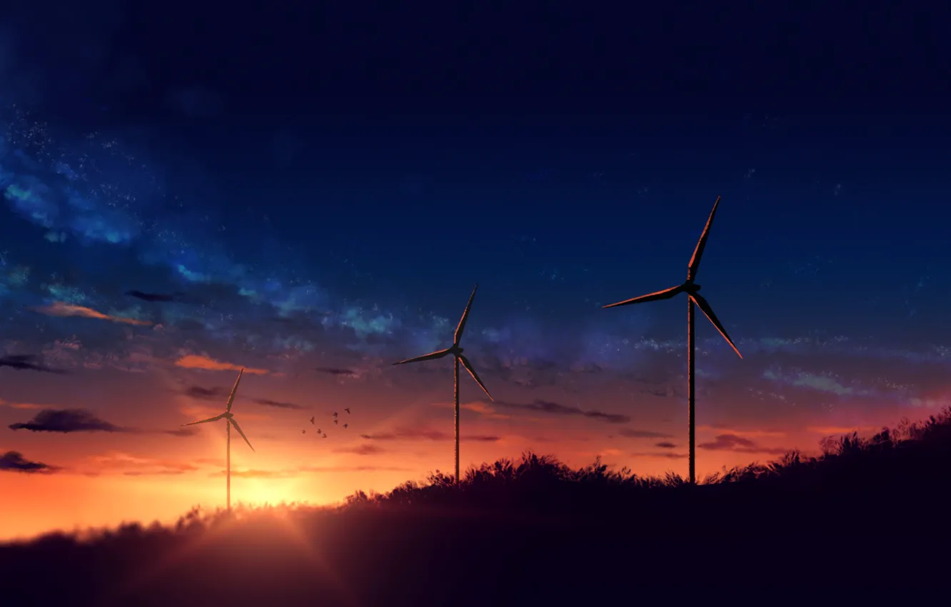 Photo wallpaper sunset, nature, windmills, the milky way
