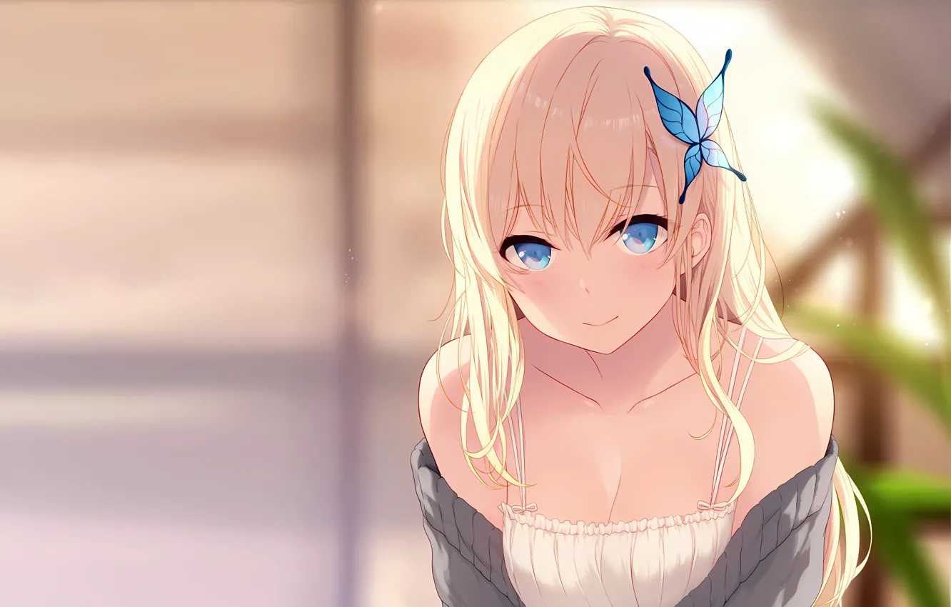 Photo wallpaper girl, sexy, cleavage, blouse, long hair, boobs, anime, blue eyes