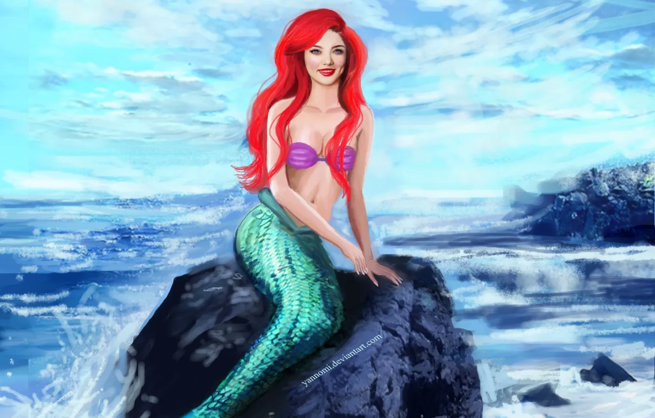 Photo wallpaper sea, look, smile, mermaid, scales, art, tail, sitting