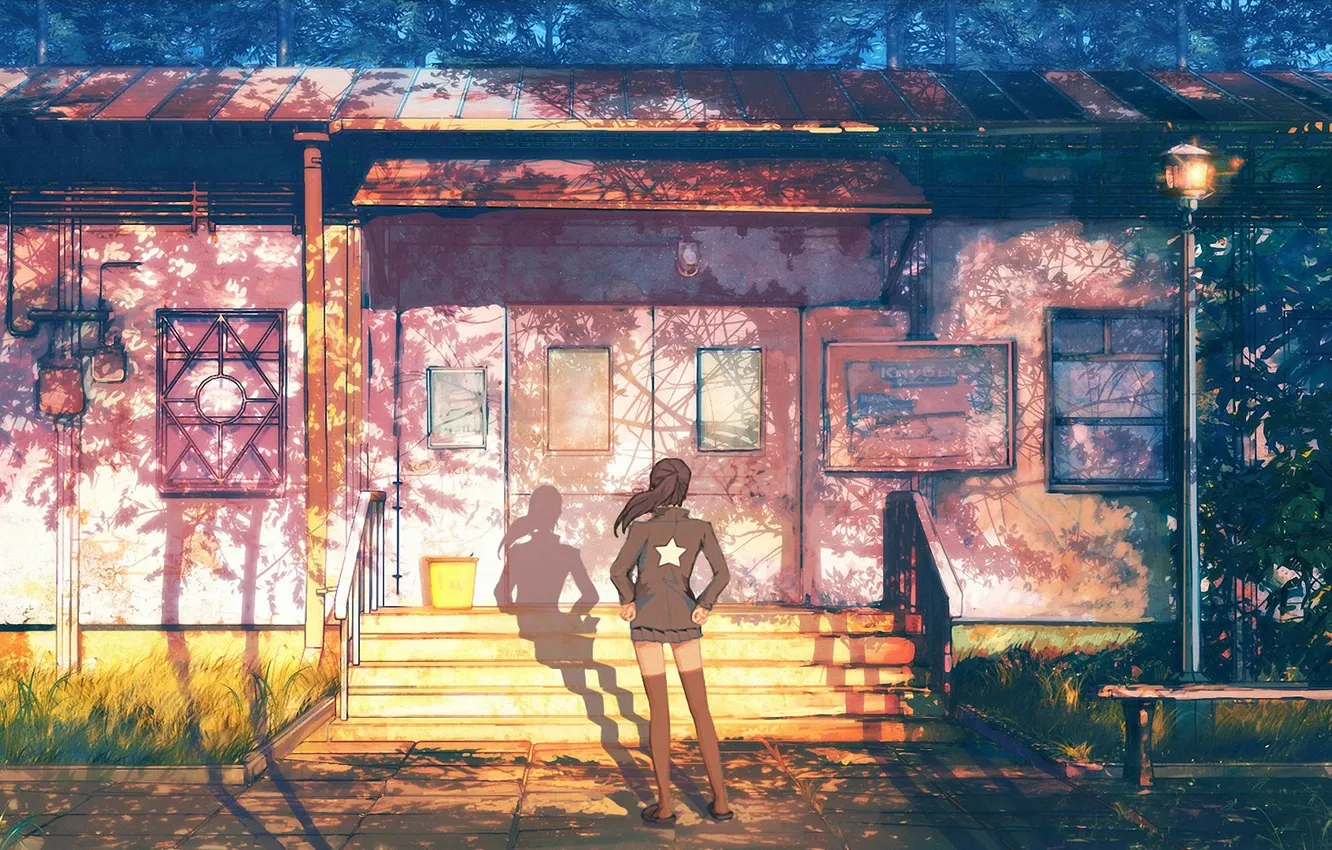 Photo wallpaper summer, girl, building, shadow, art, lights, stage, porch