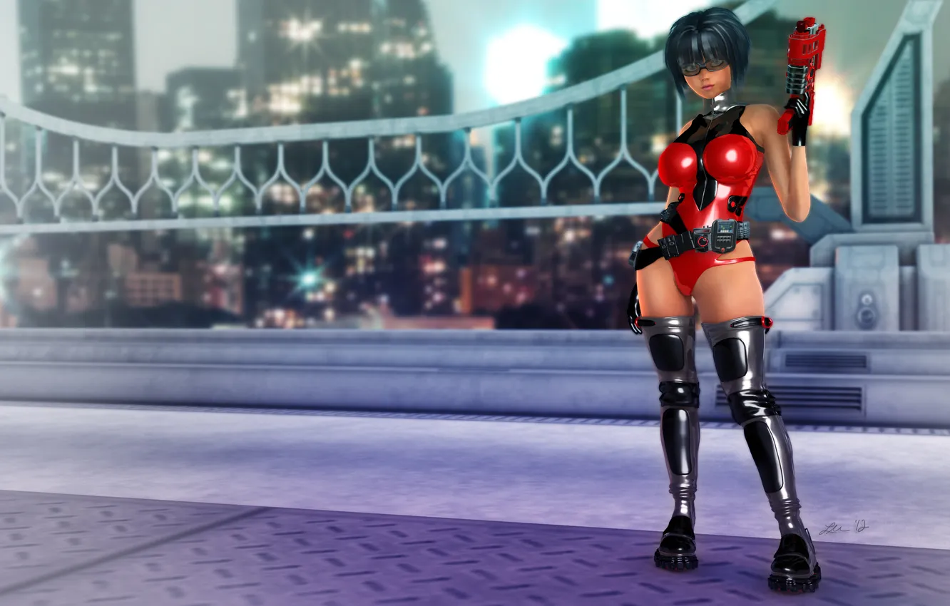 Photo wallpaper girl, the city, weapons, art, glasses, render
