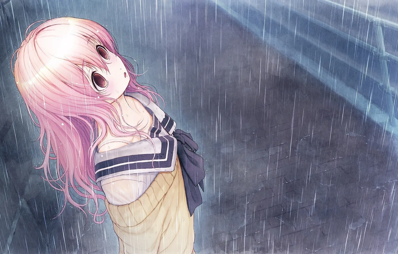 Photo wallpaper road, girl, rain, art, form, schoolgirl, tsuji santa, kimi to kanojo to kanojo no koi.