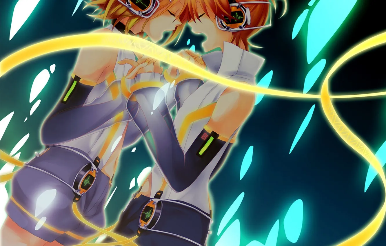 Photo wallpaper girl, headphones, art, guy, vocaloid, kagamine rin, kagamine len, rin append