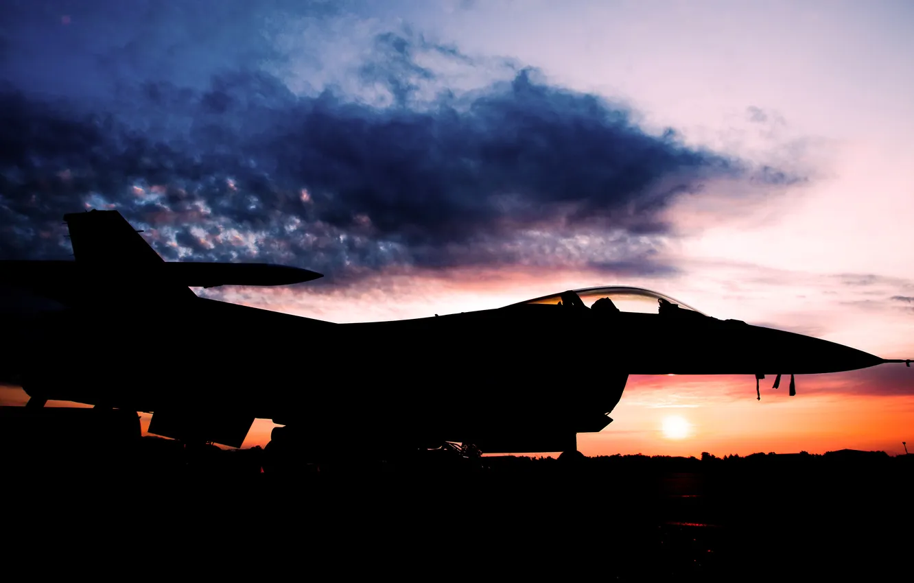 Photo wallpaper the sky, the sun, clouds, aviation, sunset, fighter, the plane, BBC
