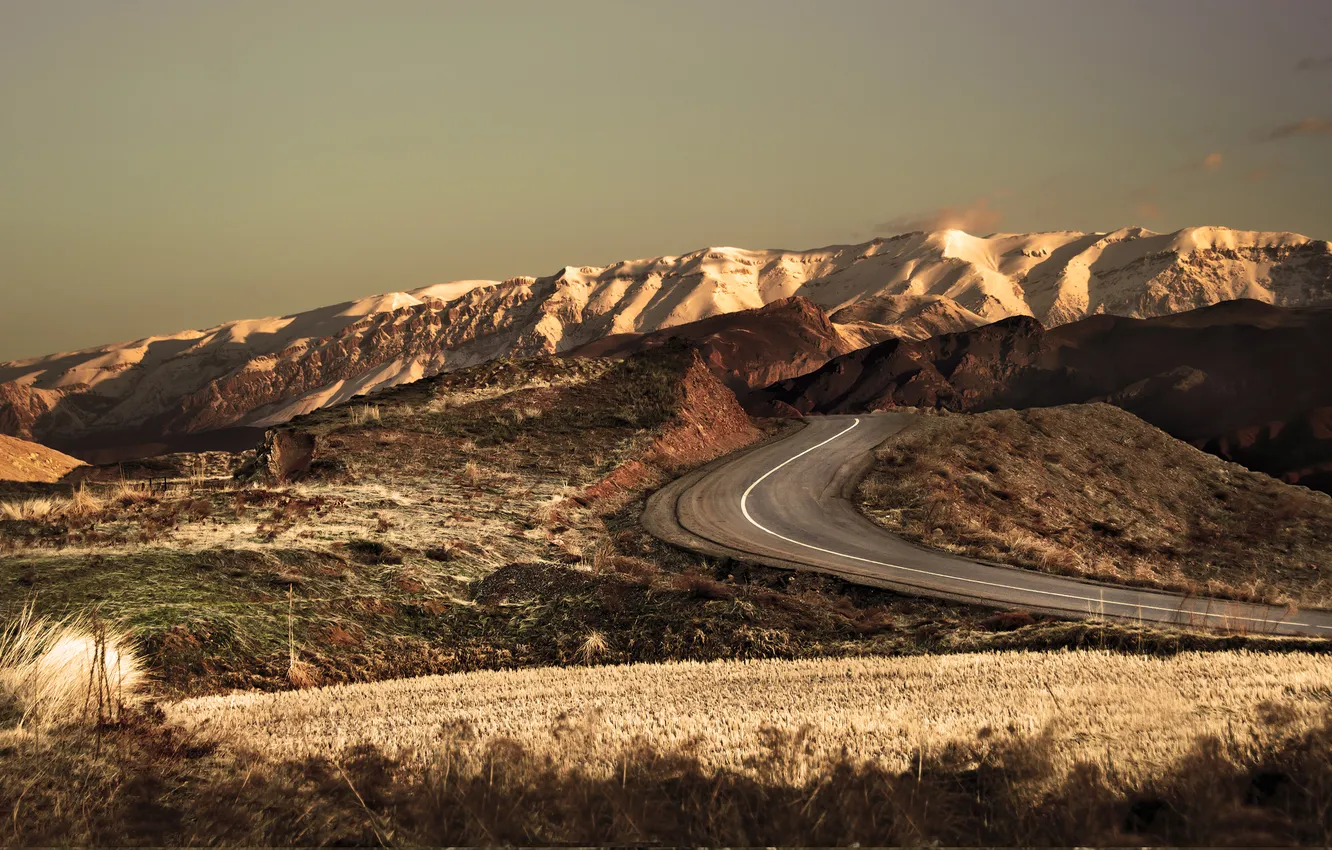 Photo wallpaper road, field, mountains, nature, Iran, Iran