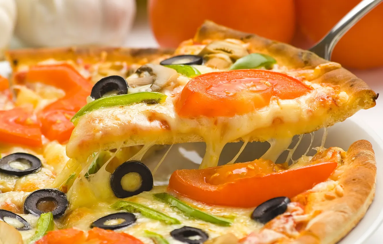 Photo wallpaper cheese, pizza, tomatoes, olives, garlic