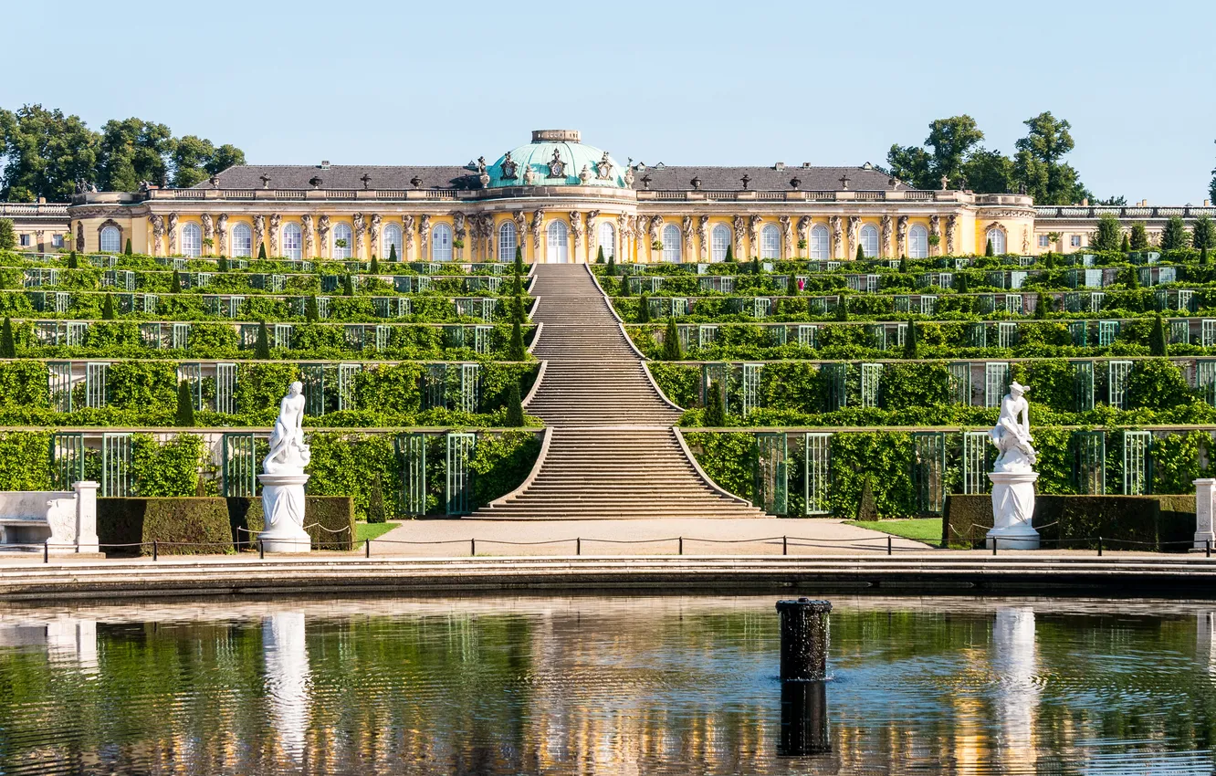 Photo wallpaper greens, design, Germany, ladder, stage, fountain, sculpture, the bushes