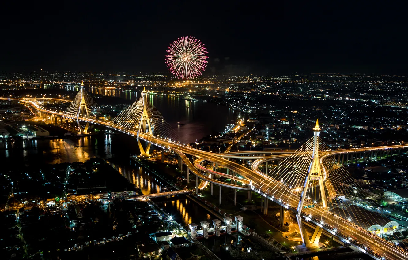 Photo wallpaper night, bridge, lights, river, home, salute, Thailand, Bangkok