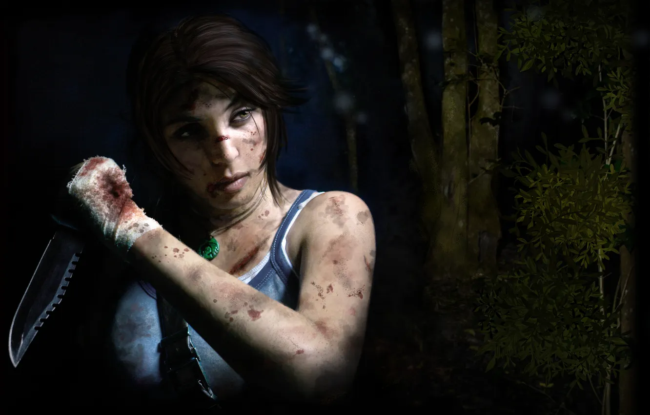 Photo wallpaper forest, look, trees, face, blood, hand, blade, art