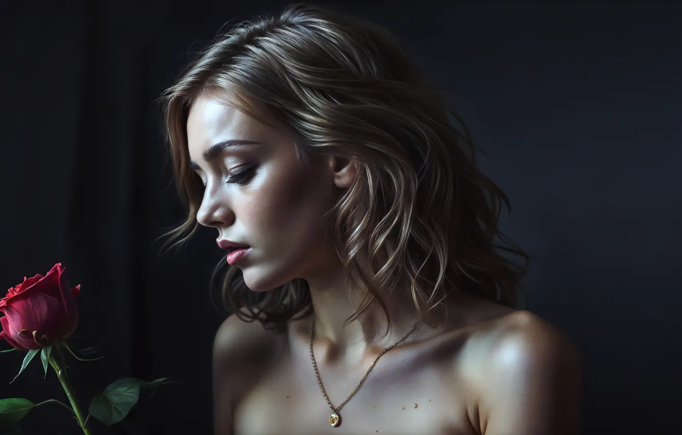 Photo wallpaper people, beautiful girl, Red rose, AI Art