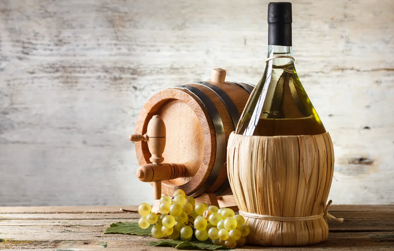 Photo wallpaper wine, bottle, grapes, barrel