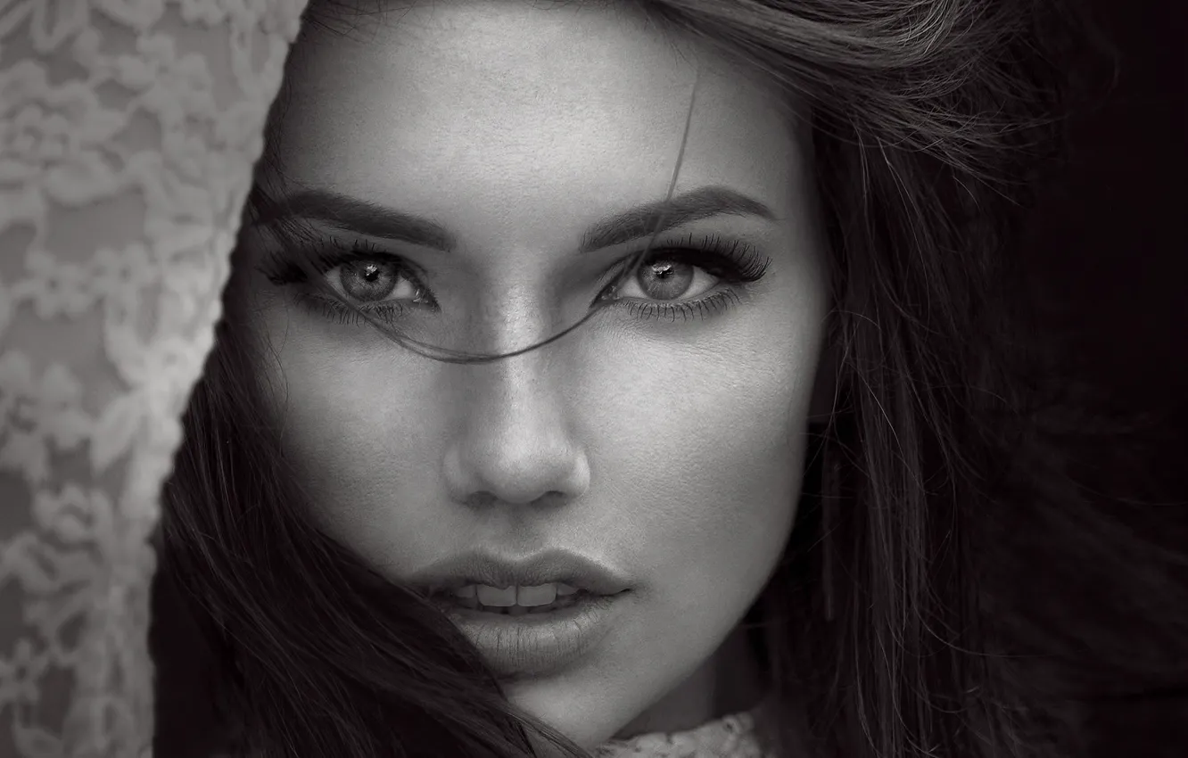 Photo wallpaper eyes, look, girl, face, hair, portrait, black and white photo
