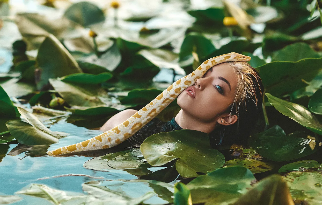 Photo wallpaper leaves, girl, pond, snake, Python, pond