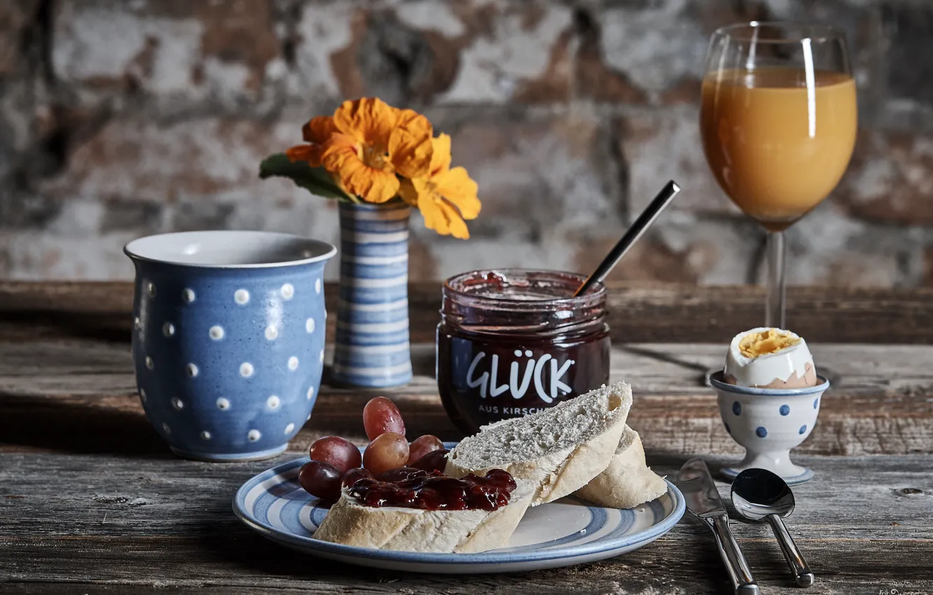 Photo wallpaper egg, Breakfast, morning, juice, jam, sandwiches