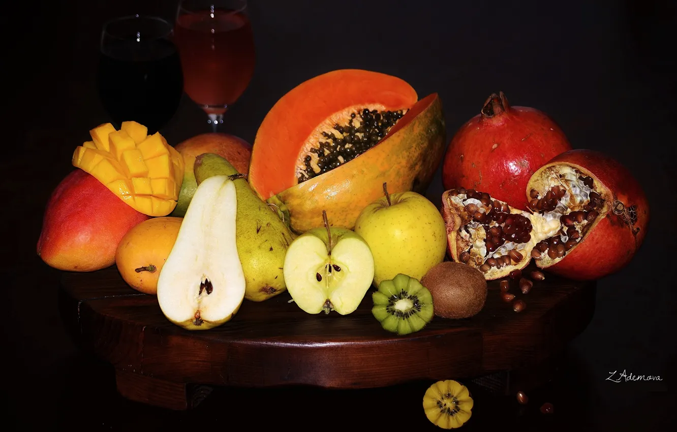 Photo wallpaper Apple, kiwi, juice, fruit, mango, pear, garnet, papaya