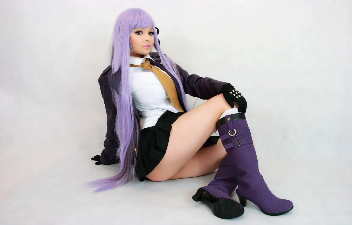 Photo wallpaper school uniform, model, women, cosplay, black panties, purple hair, mail kyouko, Danganronpa
