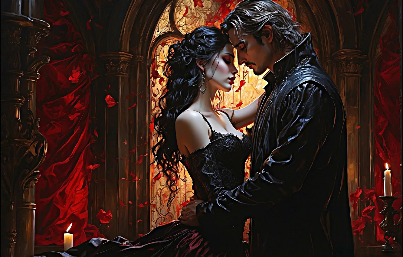 Photo wallpaper look, girl, pose, pair, male, hotesse, vamp, AI art