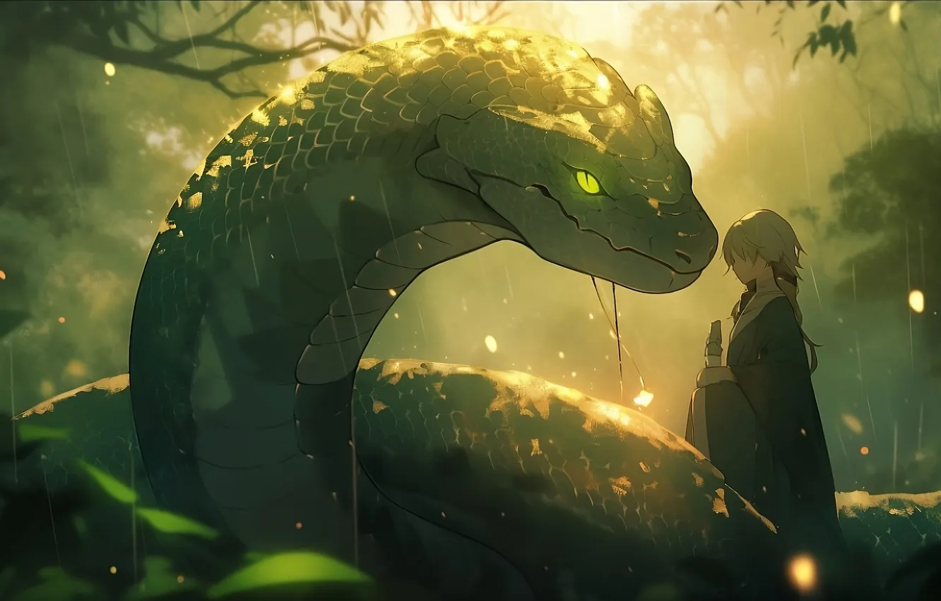 Photo wallpaper girl, dragon, snake, fantasy, AI art, neural network