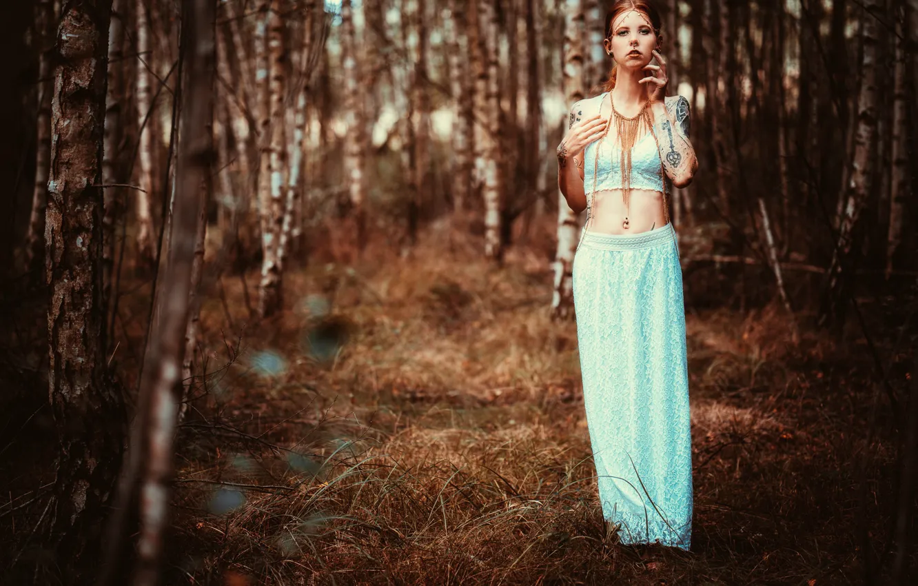 Photo wallpaper forest, decoration, pose, style, piercing, tattoo, Julia Wendt, Andreas-Joachim Lins