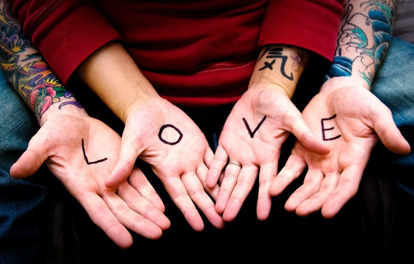 Photo wallpaper love, the inscription, hands, pair, love, relationship, tattoo, palm