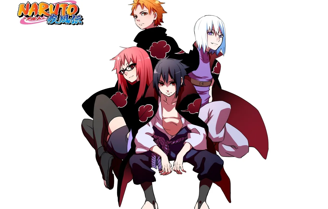 Photo wallpaper smile, glasses, white background, cloak, ninja, akatsuki, ninja, Sasuke Uchiha