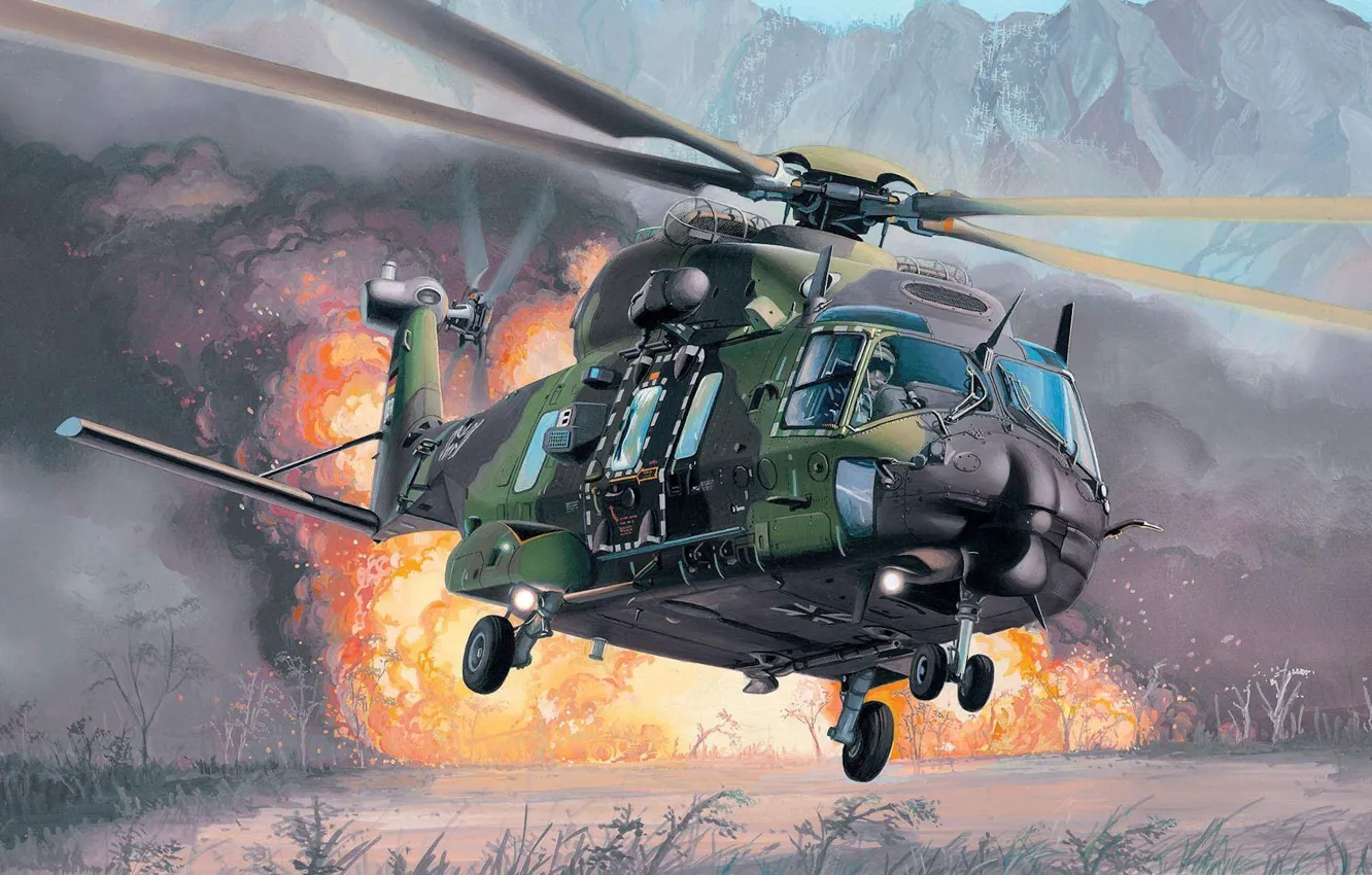 Photo wallpaper the explosion, fire, helicopter, multipurpose, Eurocopter, NH90, extraction, NHI