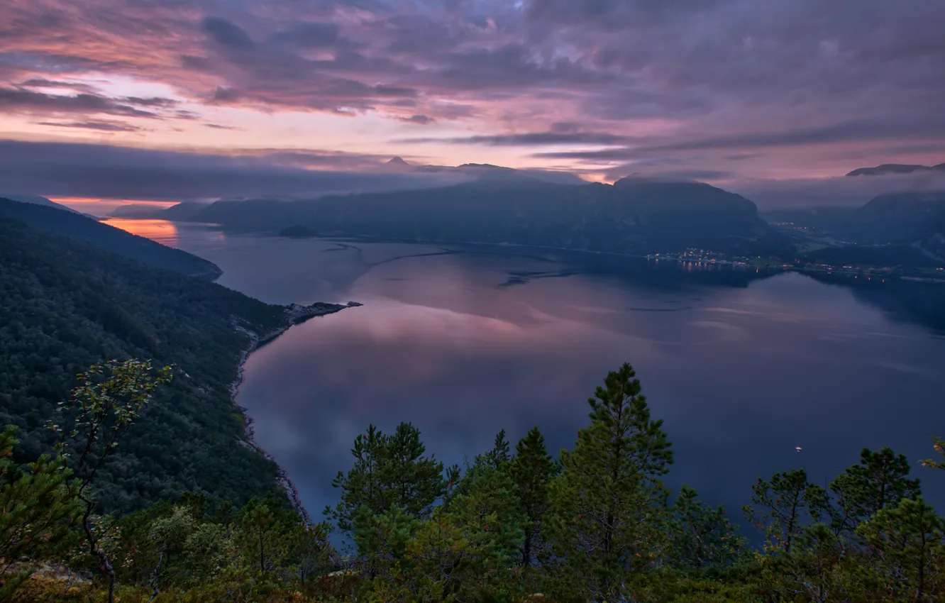 Photo wallpaper the sky, clouds, trees, sunset, mountains, nature, the city, lights