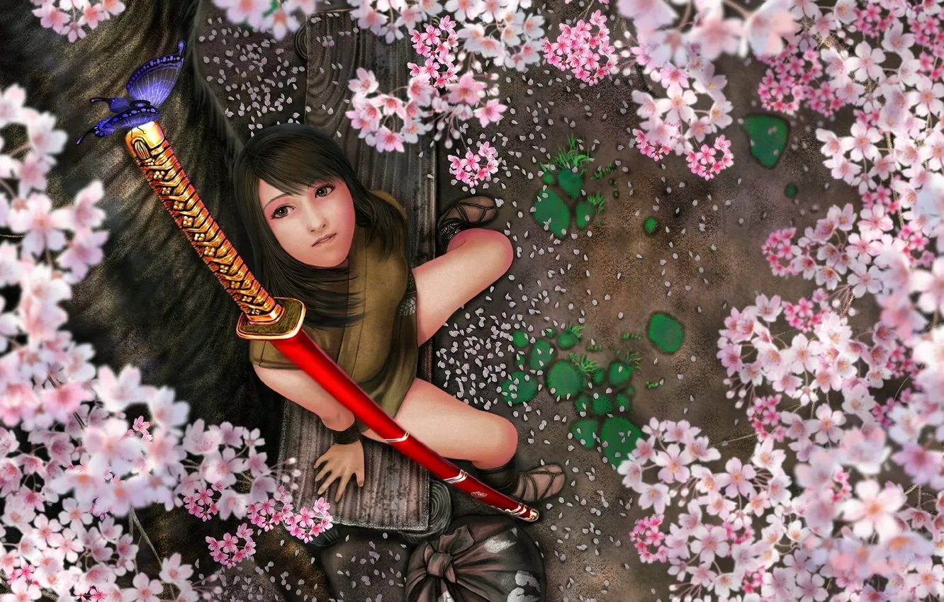 Photo wallpaper Girl, Sakura, Asian, Sword, Oriental, Kunoichi