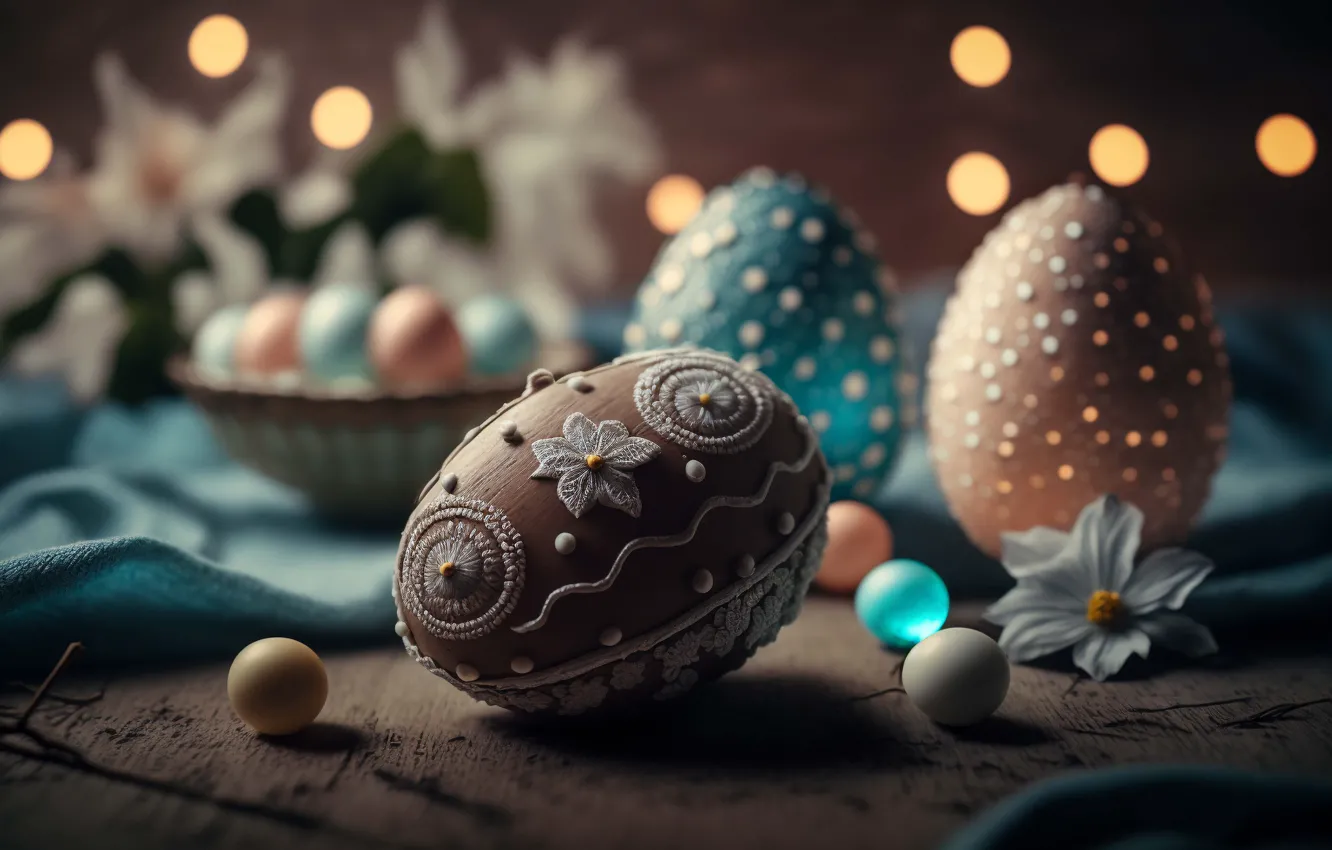 Photo wallpaper balls, light, flowers, glare, table, holiday, blue, pattern