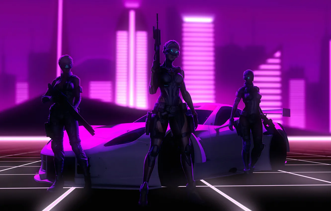 Photo wallpaper machine, auto, girl, rendering, weapons, fiction, glasses, 80s