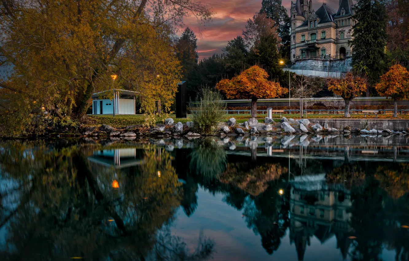 Photo wallpaper autumn, landscape, sunset, reflection, Switzerland, pond, Hünegg Castle, Hunegg Castle