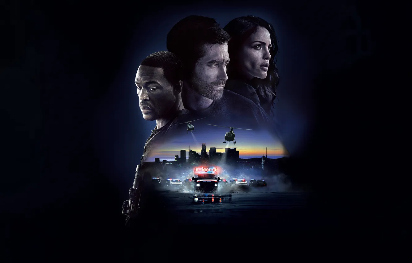 Photo wallpaper machine, night, the city, lights, background, police, chase, helicopter