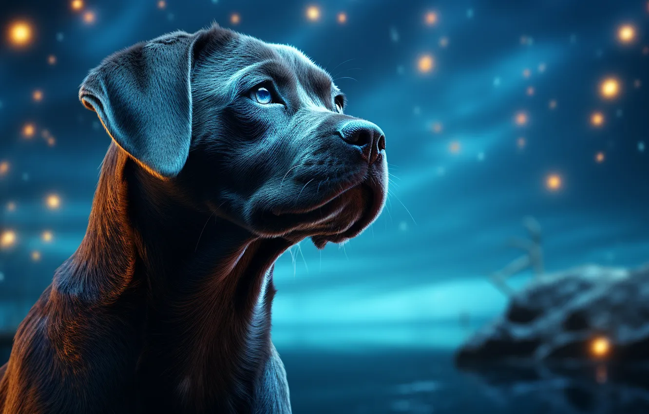 Photo wallpaper face, night, lights, dog, digital art, AI art, The Art of Artificial Intelligence, neural network