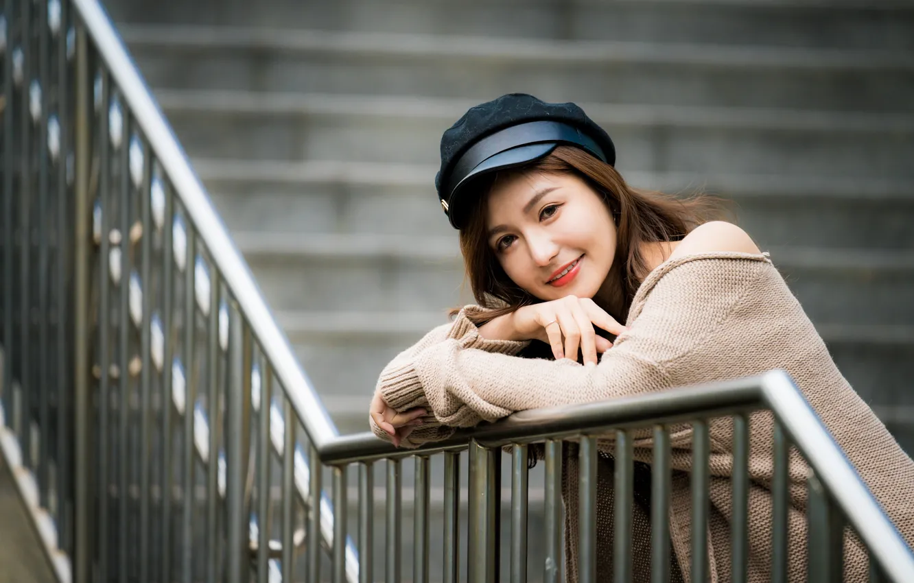 Photo wallpaper look, cap, Asian, bokeh