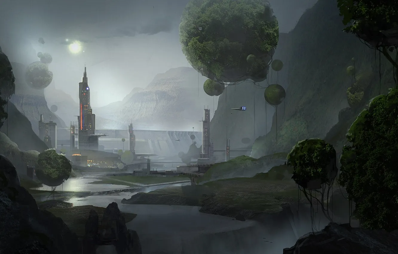 Photo wallpaper the city, balls, ship, art, fantasy world