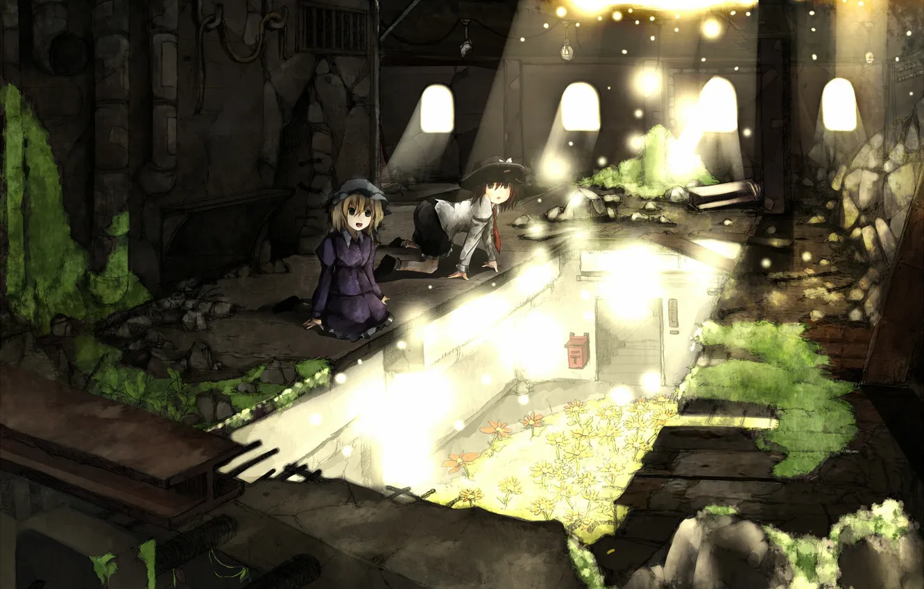 Photo wallpaper girl, rays, flowers, building, moss, hat, art, tie