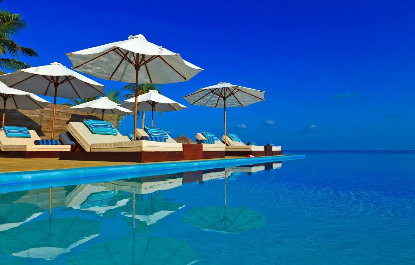 Photo wallpaper pool, beautiful, parasols, sun beds