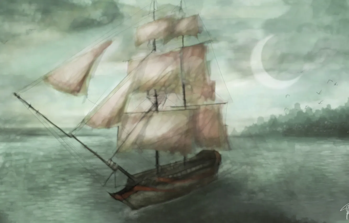 Photo wallpaper sea, the sky, clouds, the moon, ship, art, sail, painting