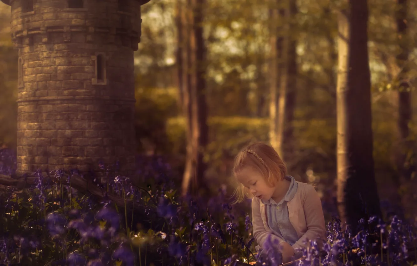 Photo wallpaper forest, flowers, tower, girl, bells