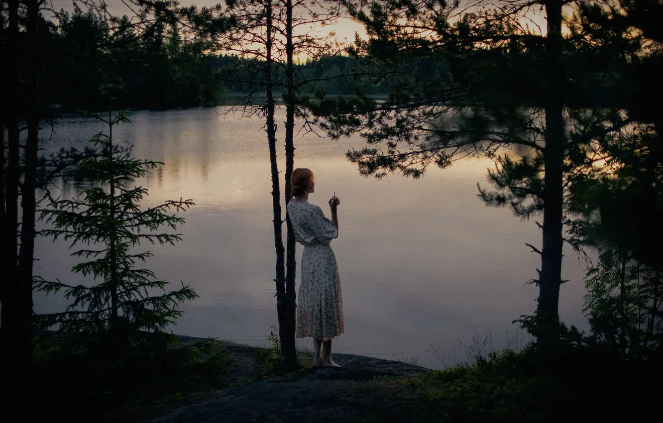 Photo wallpaper forest, girl, trees, lake, mood, shore, the situation, the evening