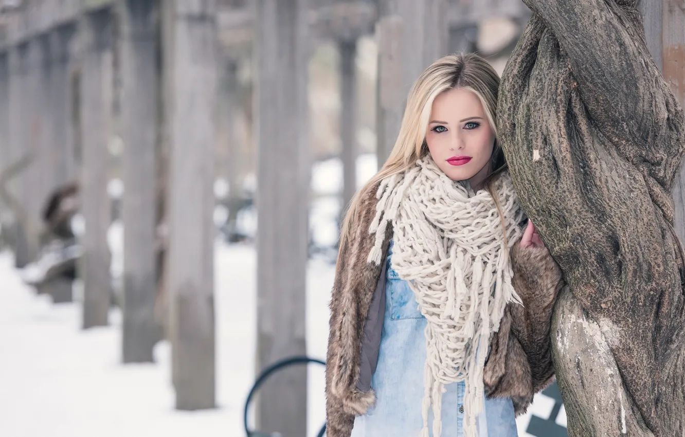 Photo wallpaper winter, girl, trees, makeup, scarf, coat